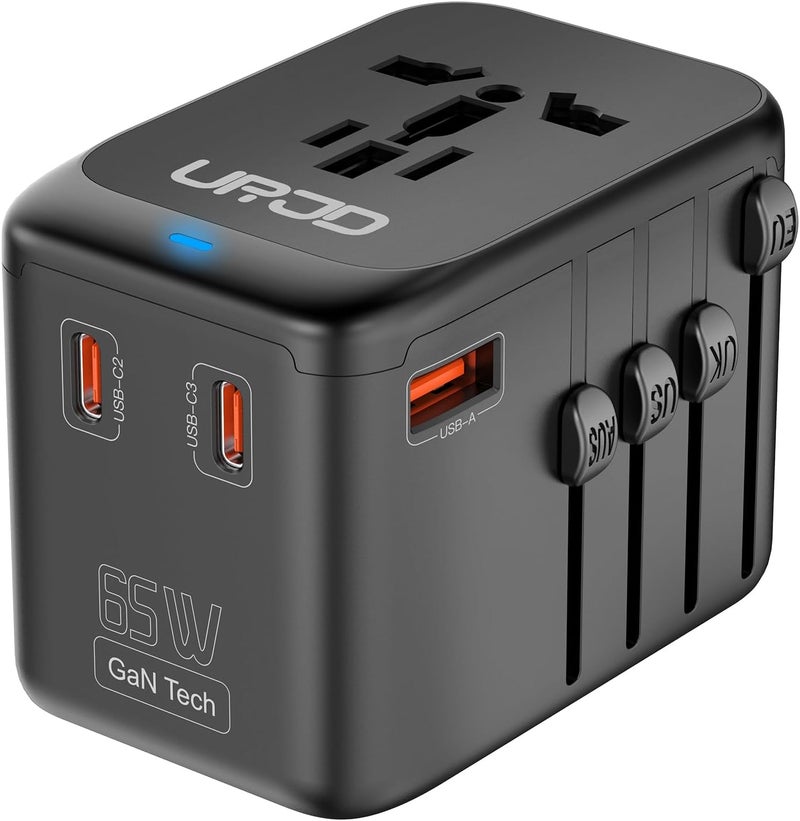 URJD Universal Travel Adapter GaN 65W Fast Charger, 3 USB C(Each/GaN 65W) & 1 USB A(PD 45W) Ports & 2500W AC Outlet, International Power Adapter High Power Travel Plug Adapter for Europe UK US AUS - Image 1